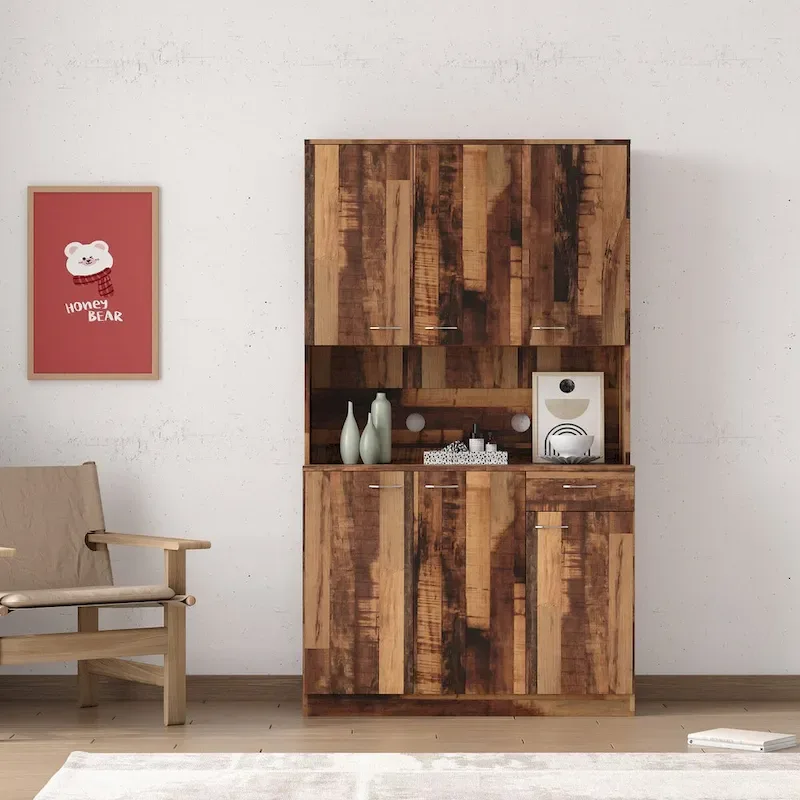 Rustic Farmhouse Tall Wardrobe, Armoire with Shelves, Open Compartment and Drawer, Freestanding Storage Closet Wardrobe Cabinet