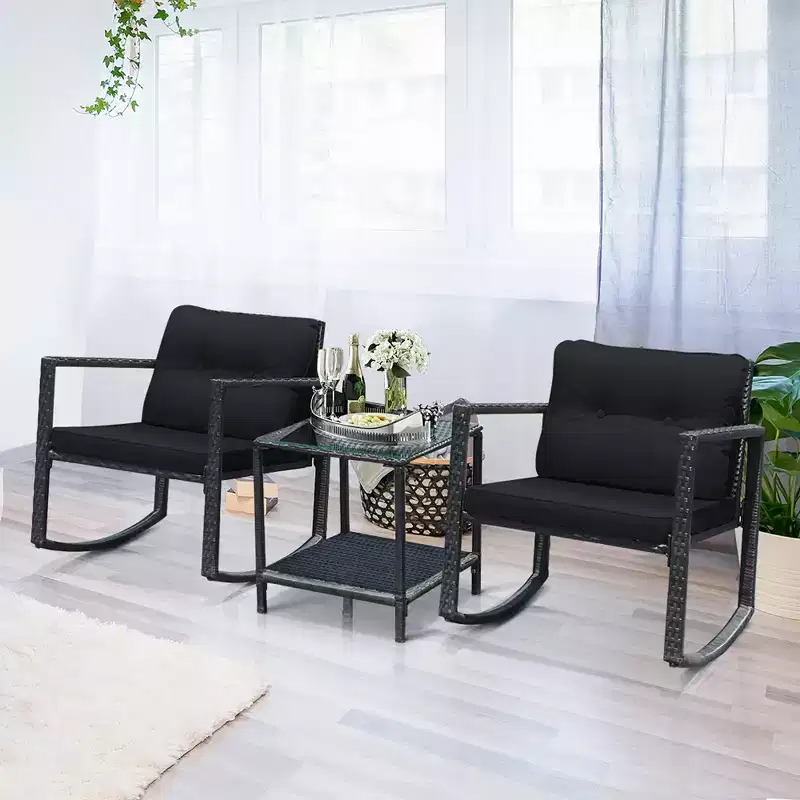 Costway 3PCS Patio Rattan Furniture Set Rocking Chairs Cushioned Sofa