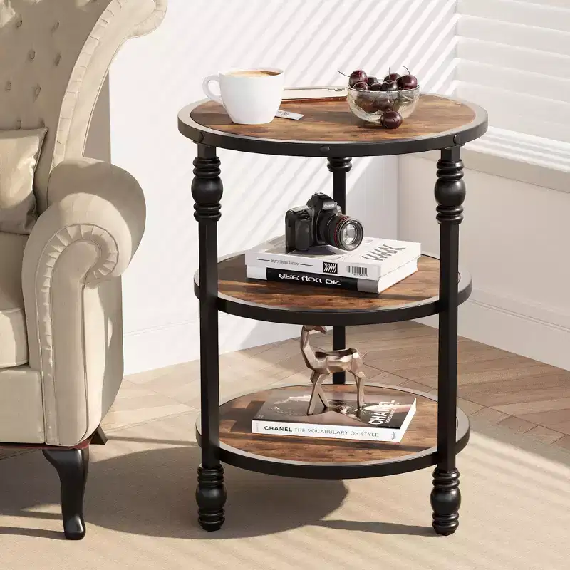 Round Side Table with 3 Shelves, Small End Table for Living Room, Bedroom, Steel Frame Nightstand & Coffee Table