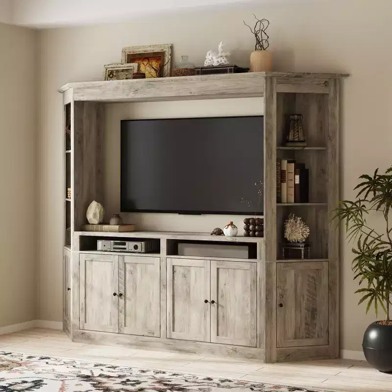 Gray TV Entertainment Center with Multi-Storage Shelves, Bookcase Cabinets, Fits TVs Up to 70