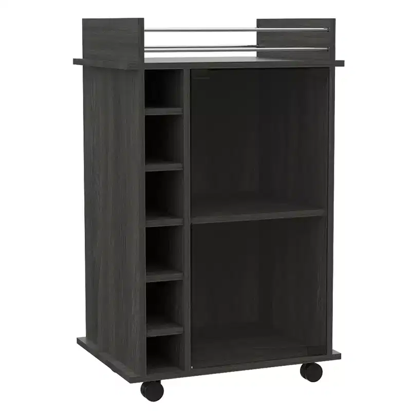 TUHOME Portable Dukat Wine and Liquor Bar Storage Display Cabinet Cart with Glass Door, 4 Wheels, 2 Shelves, and 6 Cubbies