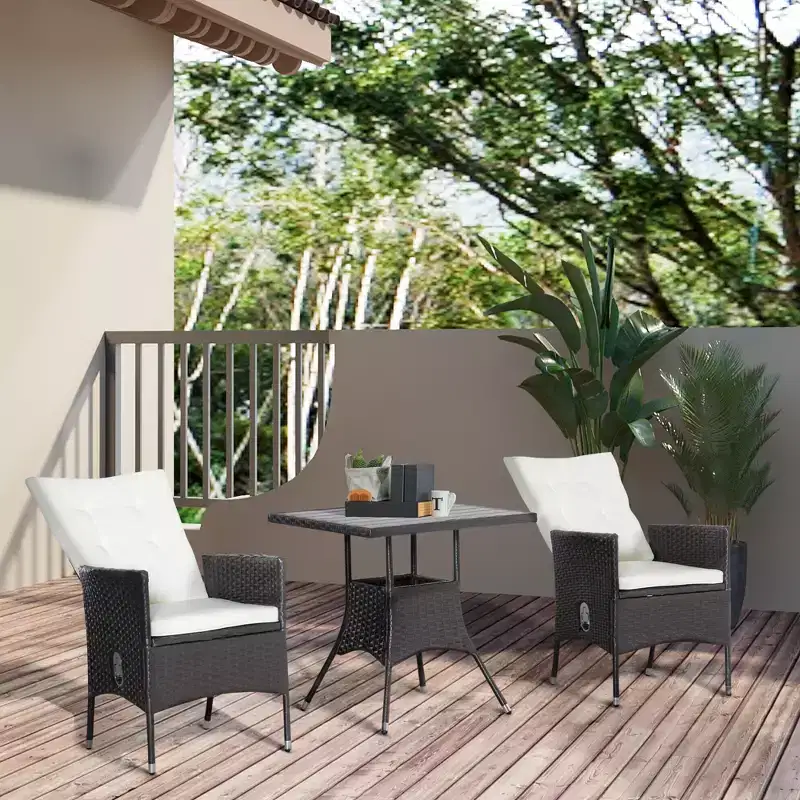 3 Piece Patio Bistro Set, PE Wicker Furniture Conversation Set w/ Tufted Cushion Reclining Chairs & Coffee Table