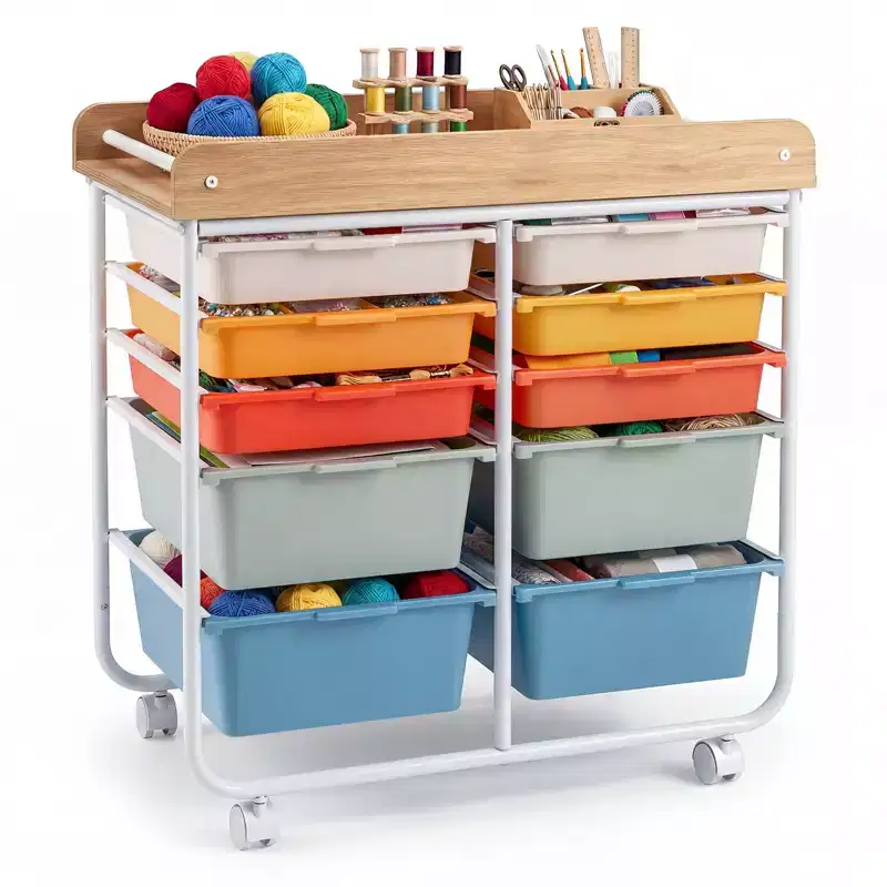 Costway 10-Drawer Rolling Art & Craft Storage Cart with Wooden Tabletop, Lockable Wheels, Metal Frame & Handles Natural + Macaron/White