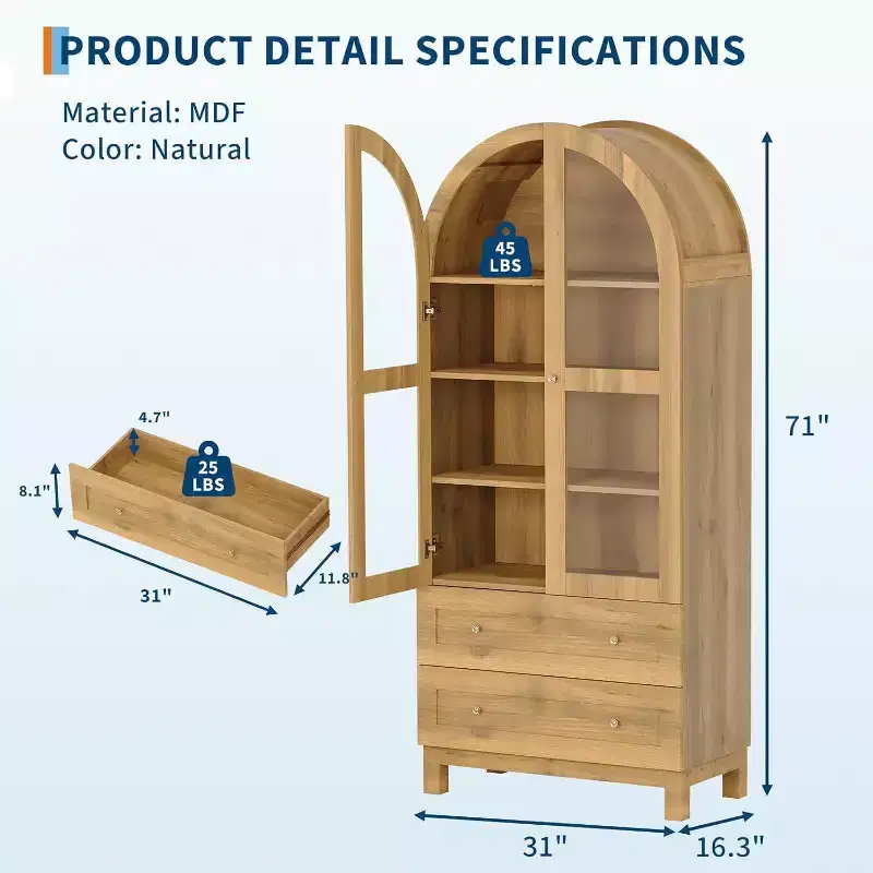 Farmhouse Arched Pantry Cabinet, Tall Kitchen Storage Cupboard with Drawers, Adjustable Shelves & Acrylic Doors, Light Oak