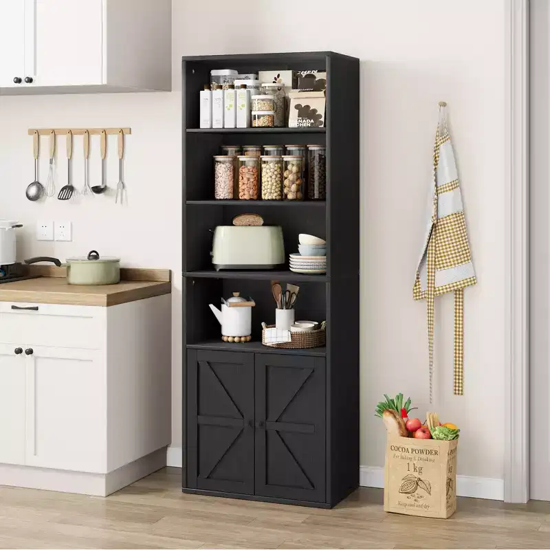 Farmhouse Bookcase with Doors, Display Storage Shelves, Tall Bookshelf Wooden 6 Shelf Bookshelves
