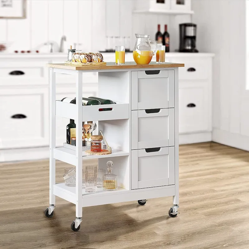 Solid Wood Top Kitchen Island Storage Cart with 3 Drawers Rolling Serving Trolley Cart