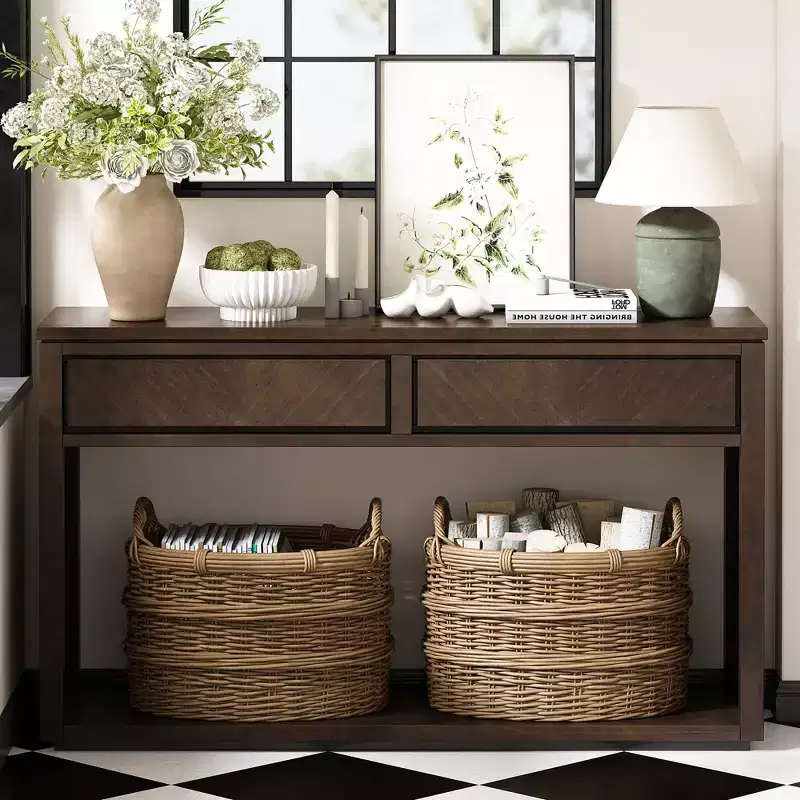 Rustic Wooden Console Table with Storage Drawers and Open Shelf, Elegant Entryway Table for Hallway and Living Room - ModernLuxe
