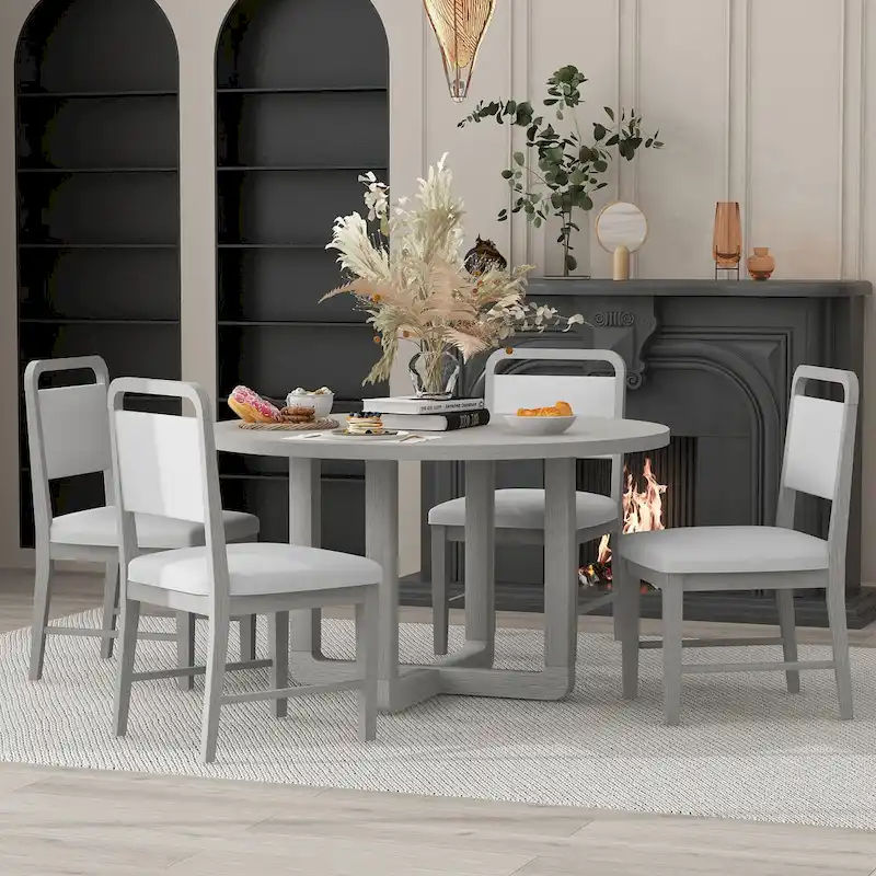 5-Piece Round Dining Table Set Vintage Wood Dining Table and Chair Set with Radial Wood Grain Top for Dining Room Kitchen