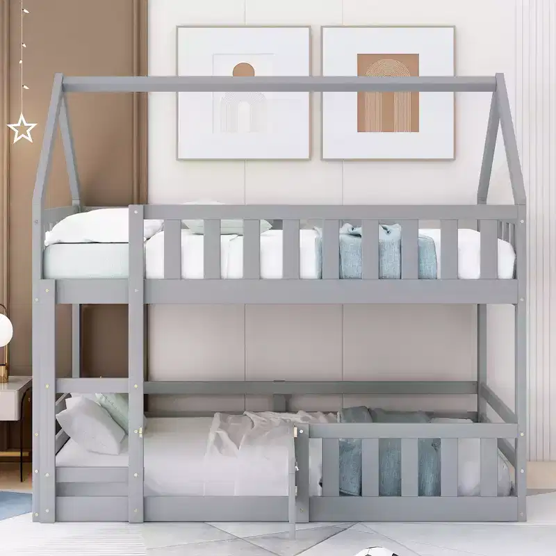 Okak 77IN Twin-Over-Twin Kids Bunk Bed with House Frame Decoration, Twin Bed with Fence and Door, Bed Frames for Kids Room, Play Room, Gray