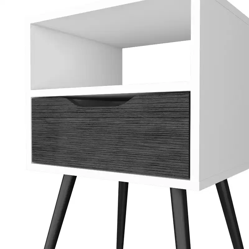 Modern Nightstand with Open Shelf and Single Drawer, Smokey Oak / White Finish