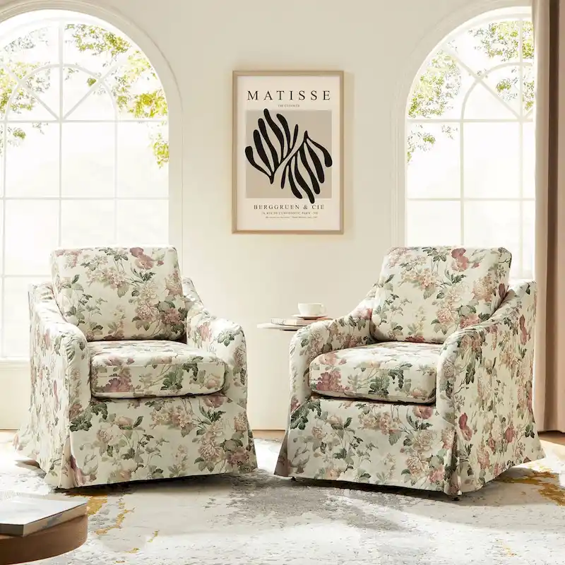Alois Floral Slipcover Swivel Accent Chair with Removable Cushion Set of 2
