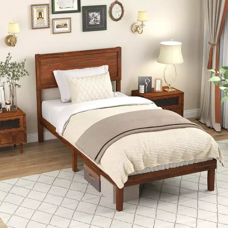 Twin/Full/Queen Bed Frame w/ Rustic Headboard Under-bed Storage Space No Box Spring Needed