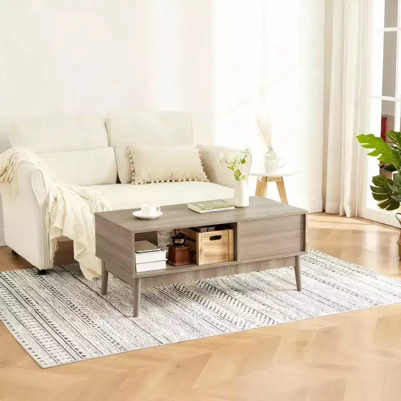 Coffee Table with Storage Drawer - 39.4 Fluted Rectangular Wood Center Table for Living Room - 2-Tier Boho Coffee Table with Open Shelf & Wood Legs