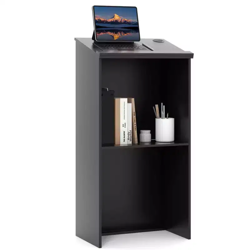 Wooden Floor Standing Podium Lectern | Adjustable Shelf, Pen Tray, Cable Holes