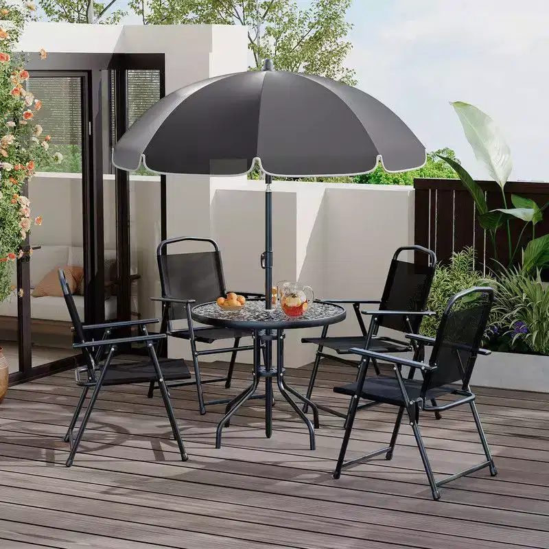 Outdoor Dining Table with Umbrella, Metal Frame & Glass Top