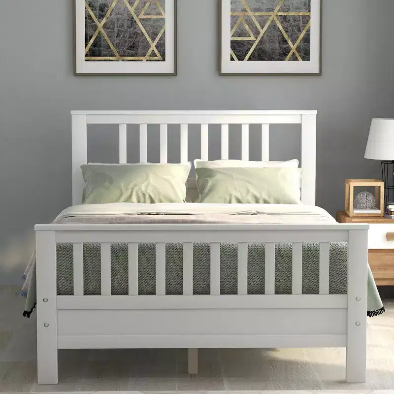 Full Size Wood Platform Bed?With Headboard and Footboard, Easy Assembly, White