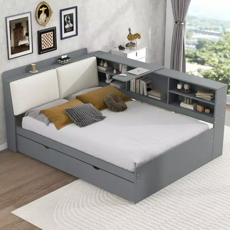 Full Size Platform Bed with Storage Headboard, Shelves and Trundle