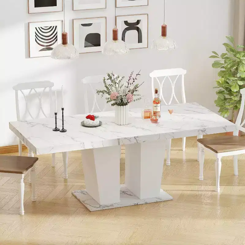 Zevemomo 63-78.7 Expandable Farmhouse Table, 6-10 Seater Wooden Table with Metal Track & Dual Column Base, White for Dining Room & Office