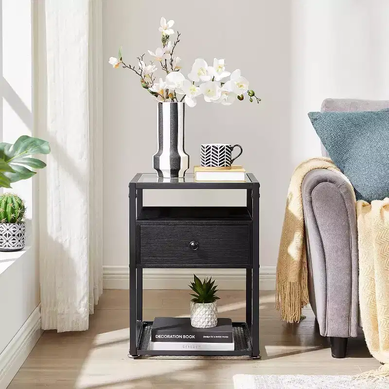 VECELO 1/2 PCs 3-tier Nightstand Glass Top Side End Table with Drawer & Open Shelf Brown/Black