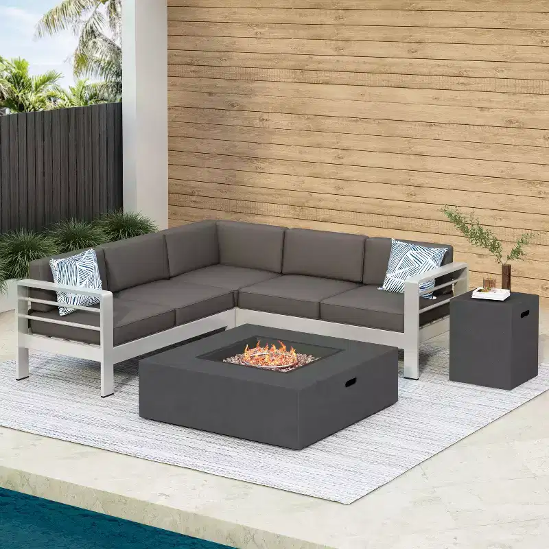GDFStudio Crested Bay Outdoor Aluminum 5 Piece Sectional Sofa with 50,000 BTU Fire Pit