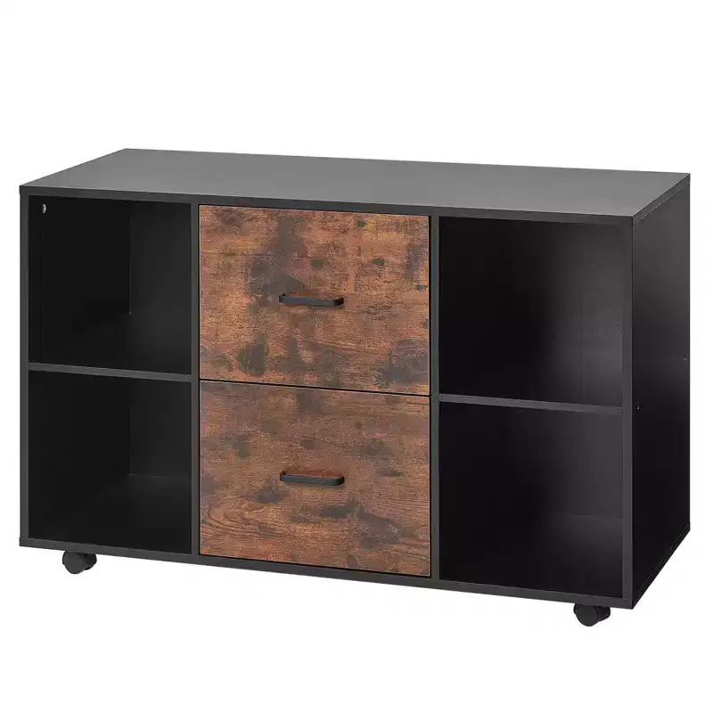 VEVOR 2 Drawer Wooden File Cabinet, Mobile Filing Cabinet with Open Shelves, Lateral Rolling File Storage with Lockable Wheels, Black