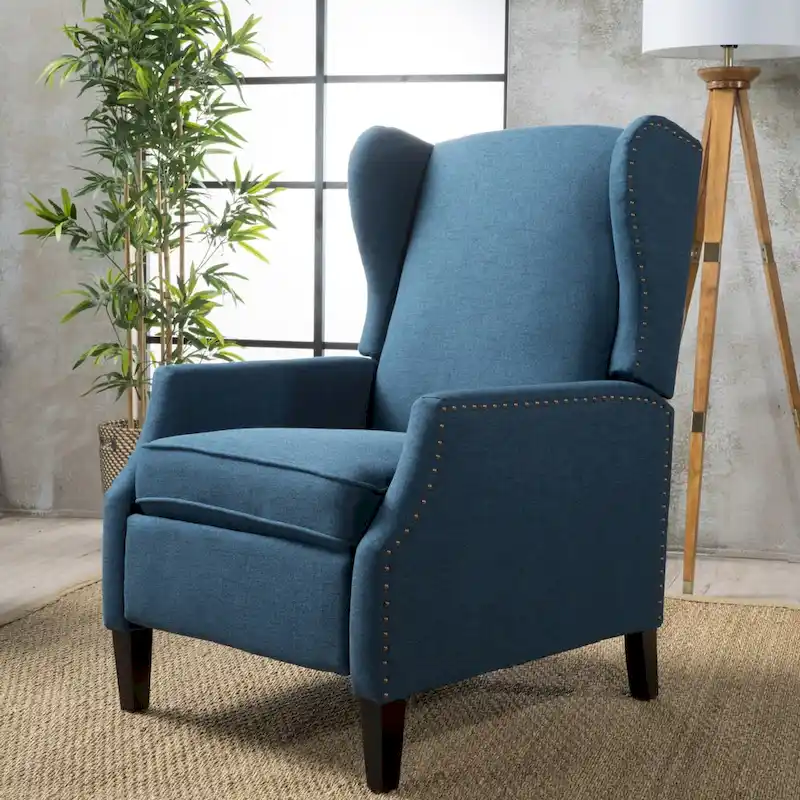 Wingback Push-Back Recliner Club Chair, Polyester Fabric, Nailhead Trim, Birch Wood Legs, Multiple Colors