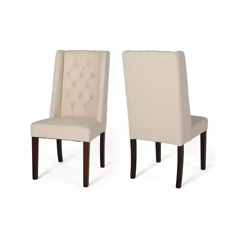 Set of 2 Blount Wooden Dining Chairs with Fabric Cushions, Beige/Natural Finish, Birch Frame, Tufted Back