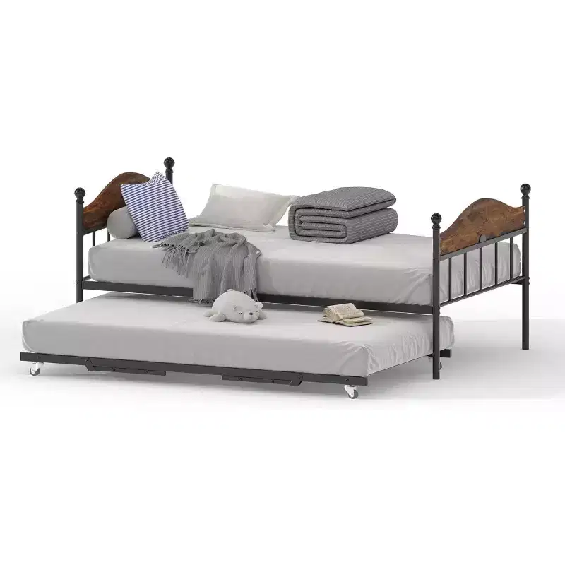 Daybed with Pop-Up Trundle, Metal Twin Bed Frame with Sofa-to-Bed Headboard, Reinforced Steel Slat Support, Rustic Brown