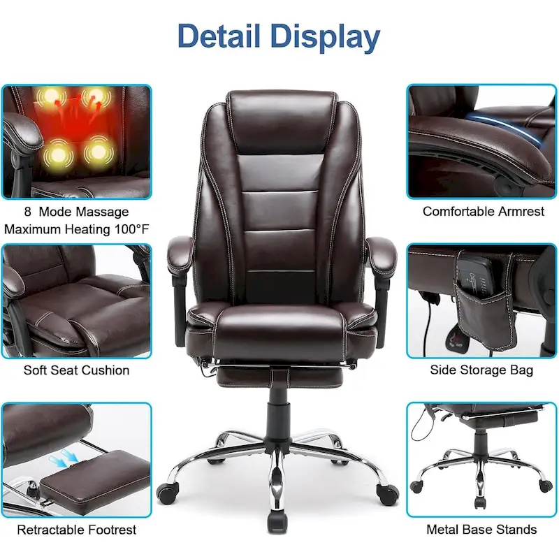 Ergonomic Heated Executive Office Chair, 2/4/6-Point Massage, Retractable Footrest, PU Leather
