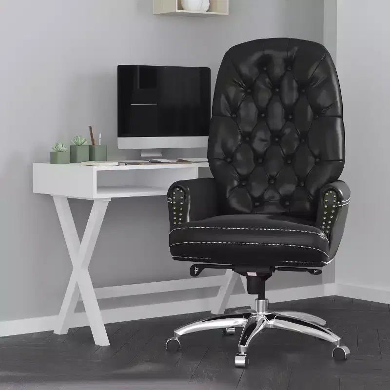 Faux Leather Office Chair with Ergonomic Lumbar Support and Button Tufted High-Back Design