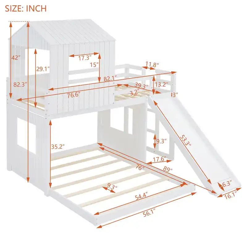 Twin Over Solid Wood Full Bunk Bed With Slide, Playhouse Design