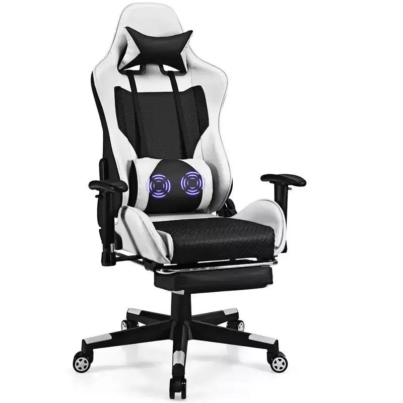 Massage Gaming Chair, Reclining Office Chair with Footrest, White