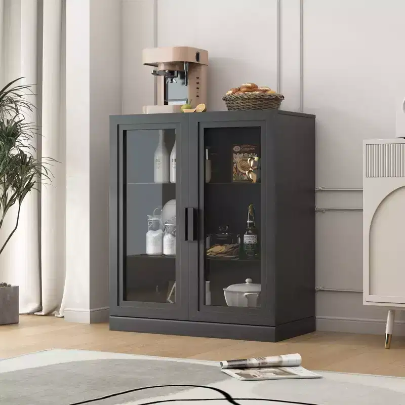 36x31x16 Wood Accent Sideboard Cabinet in Black, Storage Organizer with Adjustable Shelves and Glass Doors for Kitchen Bedroom Living/Dining Room