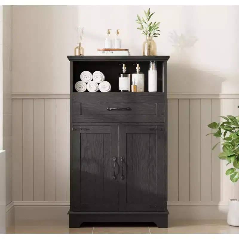 Farmhouse Storage Cabinet, Freestanding Bathroom Organizer with Doors and Drawer