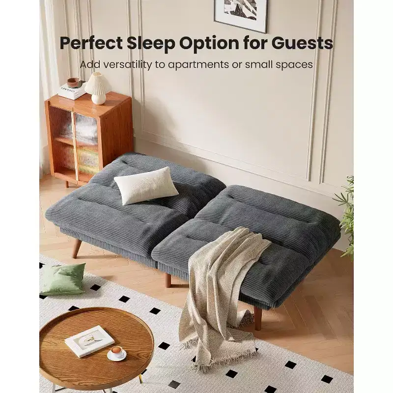 Futon Sofa Bed, Vintage Couch with 5-position Adjustable Backrest & Armrests, Futon Corduroy Couch for Efficient Home, Living Room or Office, Grey
