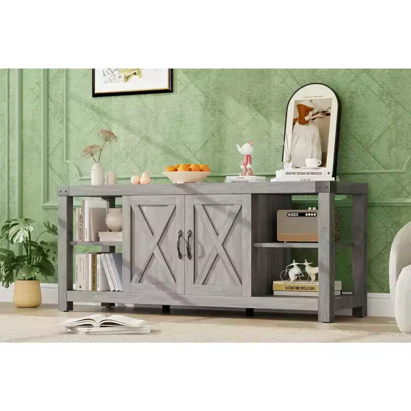 Farmhouse Wooden TV Stand for TVs up to 65 Inches with Adjustable Shelves and 2 Cabinets