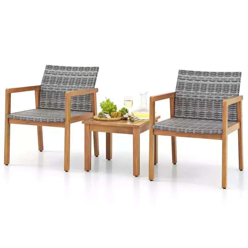 Costway 3 PCS Outdoor Furniture Set, Acacia Wood Frame Sofa Set with Rattan Seat