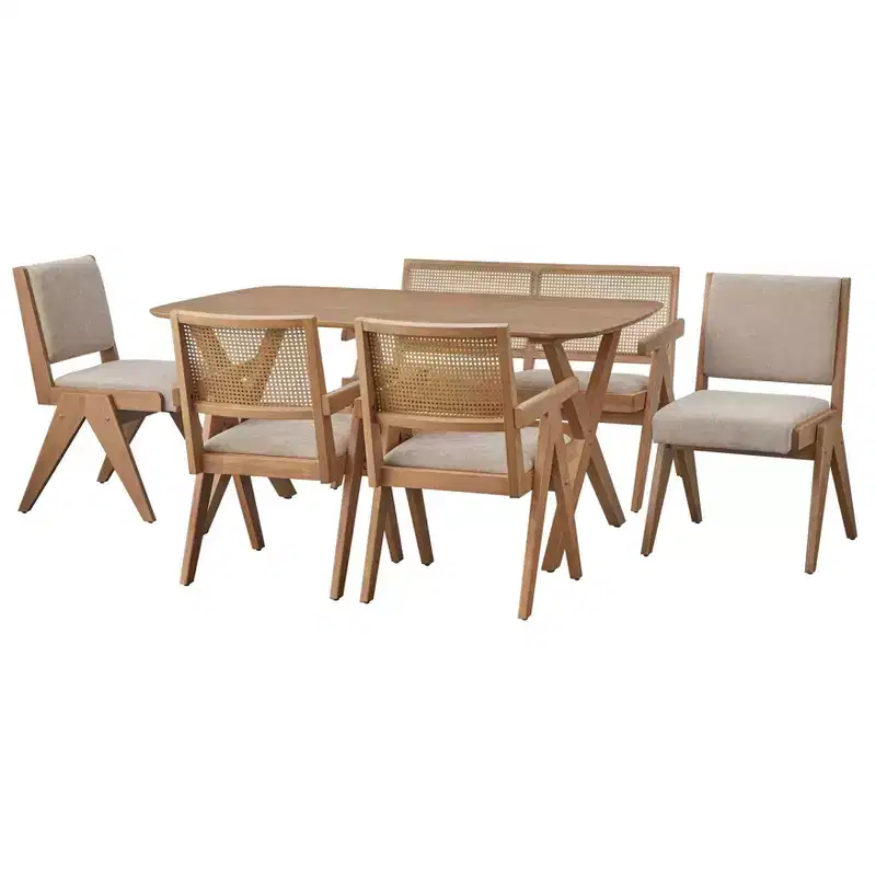 Lifestorey 6pc Baywood Mid Century Solid Wood Dining Set Light Oak/Beige
