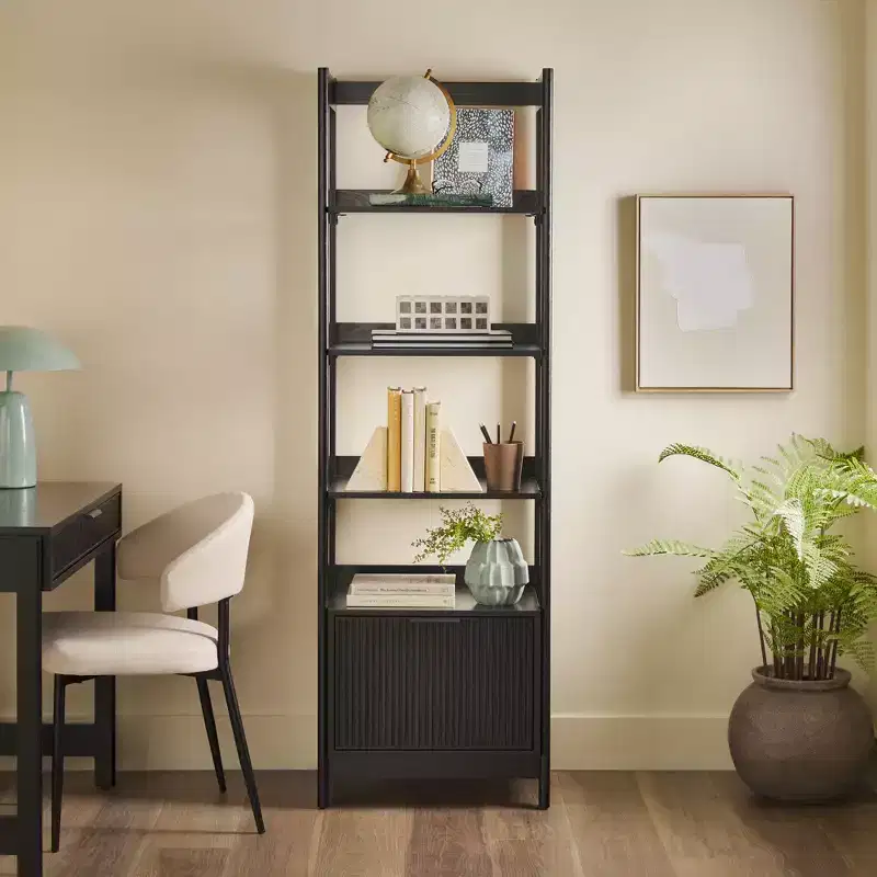 Tall Narrow Bookshelf with Four Open Shelves and Reeded Drawer Front