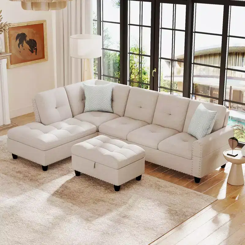 98 L-Shaped Sofa with Movable Storage Ottoman Linen Fabric Backs Seats Cup Holders Beige/Dark Gray