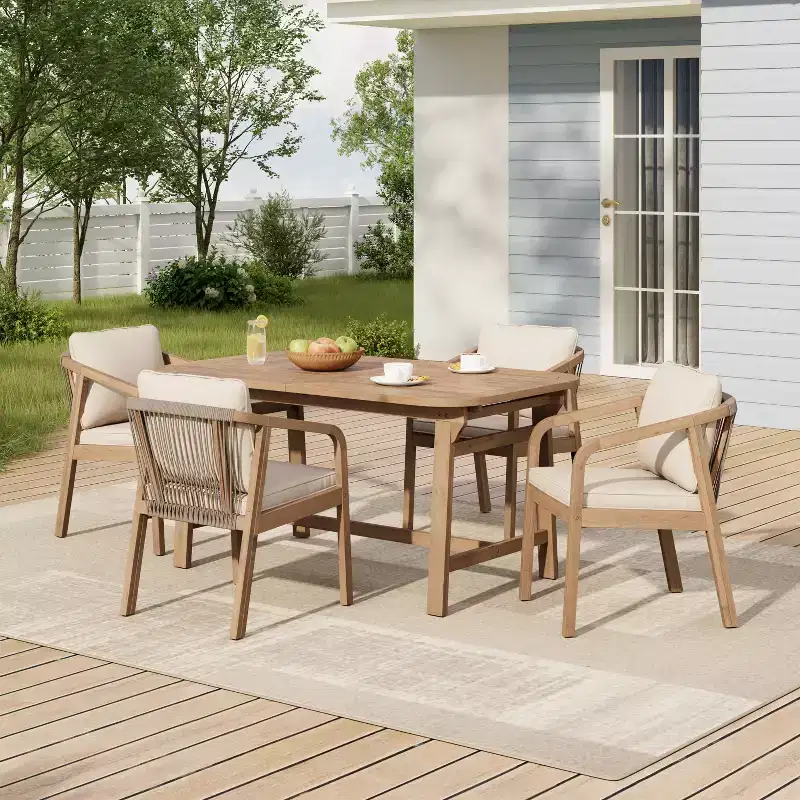 Christopher Knight Home Olcott 5 Piece Outdoor Acacia Wood Dining Set with Expandable Table and Woven Rope Armchairs