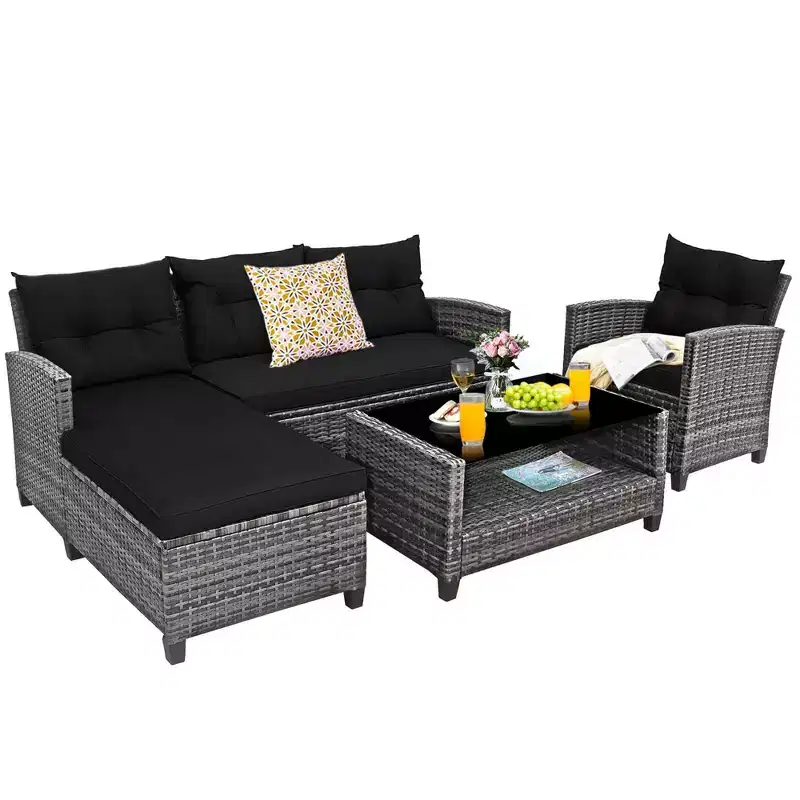 Costway 4PCS Patio Rattan Furniture Set Sofa Ottoman Cushion Garden Deck White/Gray/Black