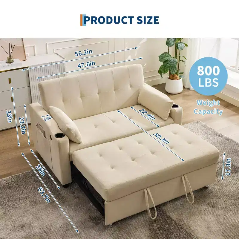 GustoWave Convertible Futon Sleeper Couch, Corduroy Pull Out Loveseat Sofa Bed for Small Spaces, 3 in 1 Compact Sofa Furniture