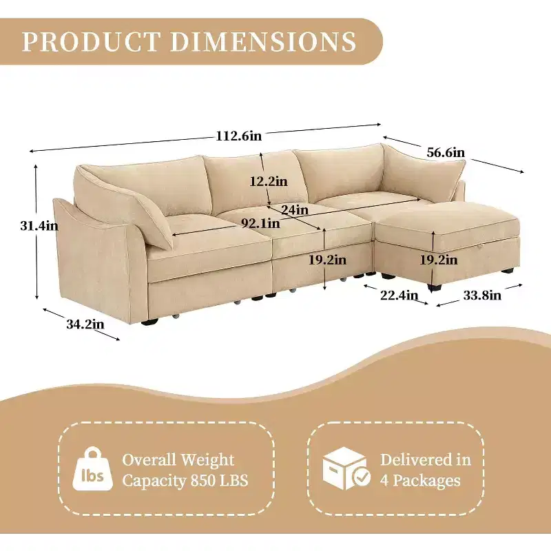 MooxvMoo 112in Chenille Sofas for Living Room,L Shaped Couch with Storage,Sectional Couch w/ Pull Out Drawer & Throw Pillows & Storage Ottoman,Wheat