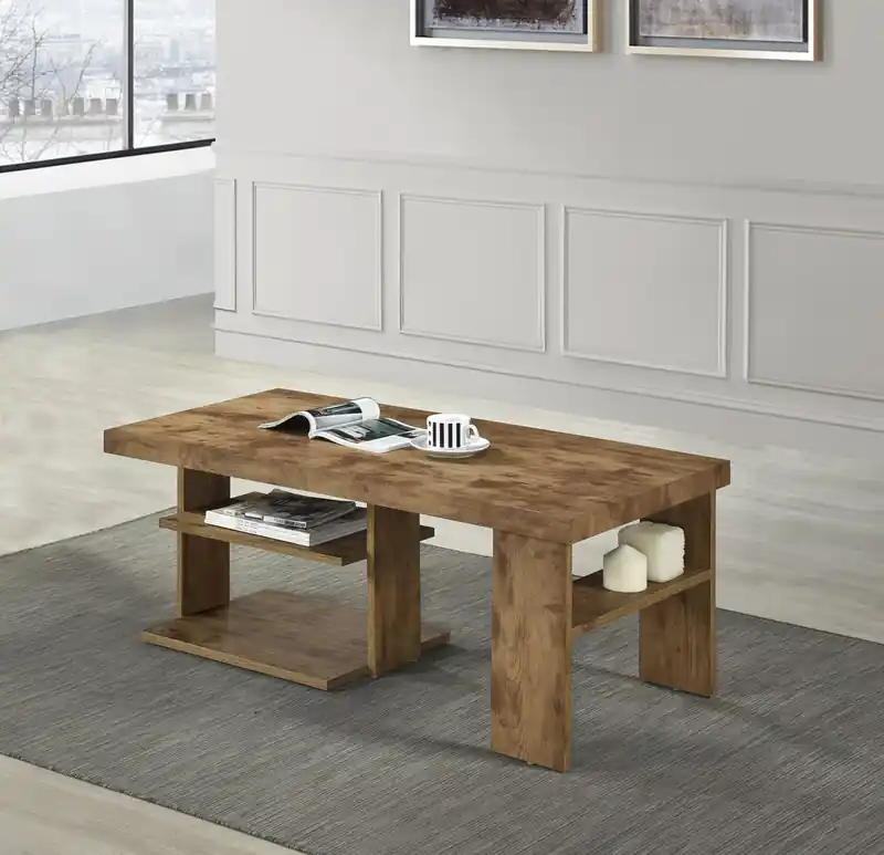 43.3 Rustic Coffee Table with Shelf - Light Pine Finish Wood