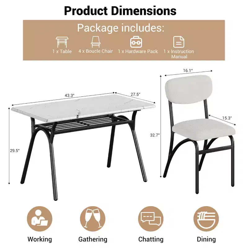 5-Piece Dining Table Set for 4, Modern Kitchen Table with 4 Boucle Chairs, Rectangular Dining Table with Storage Shelf for Breakfast Nook, Apartment