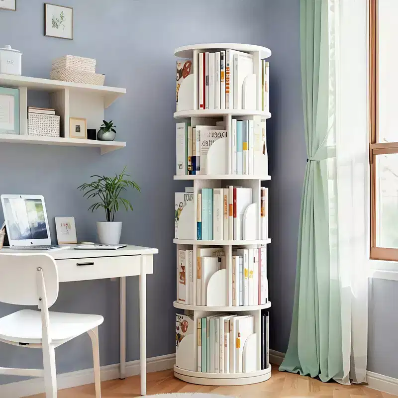 5-Tier 360° Rotating Bookshelf | Warm White | Space-Saving Book Tower