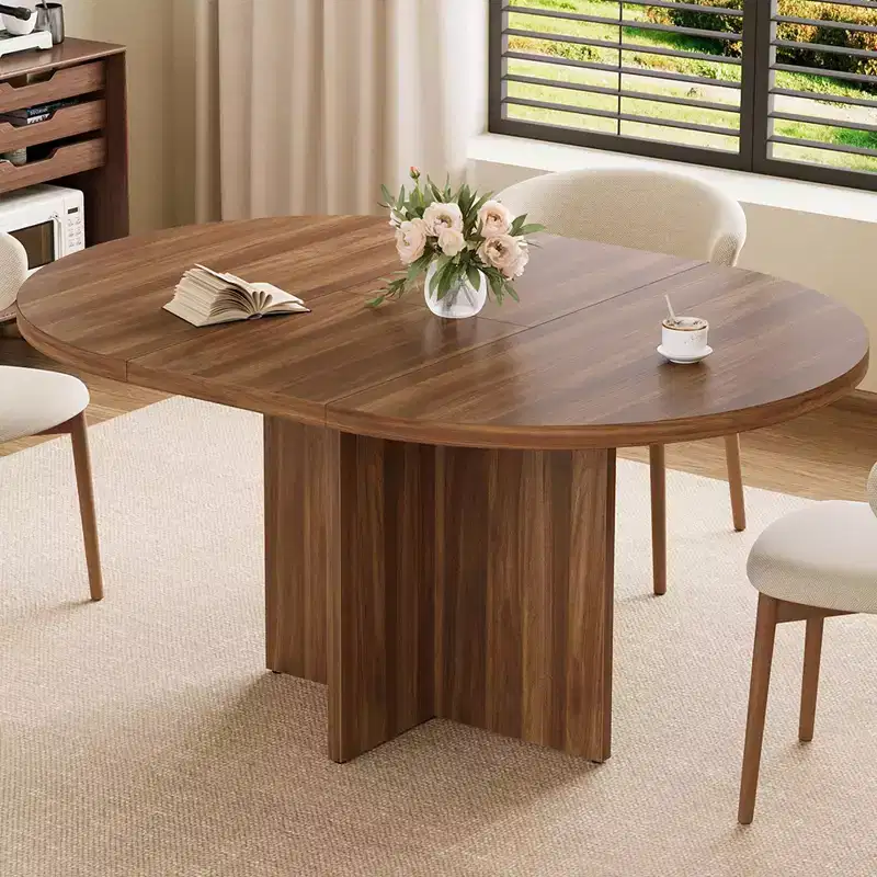 Extendable Round Dining Table for 4-8, Wooden Kitchen Table with Expandable Leaf, Oval, Walnut