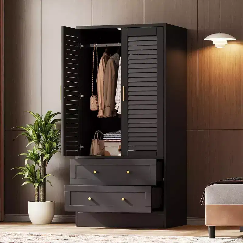 65 Wooden Armoire Wardrobe Closet with Hanging Rod, Modern Clothing Storage Cabinets with 2 Doors and 2 Drawers, for Bedroom, Cloak Room