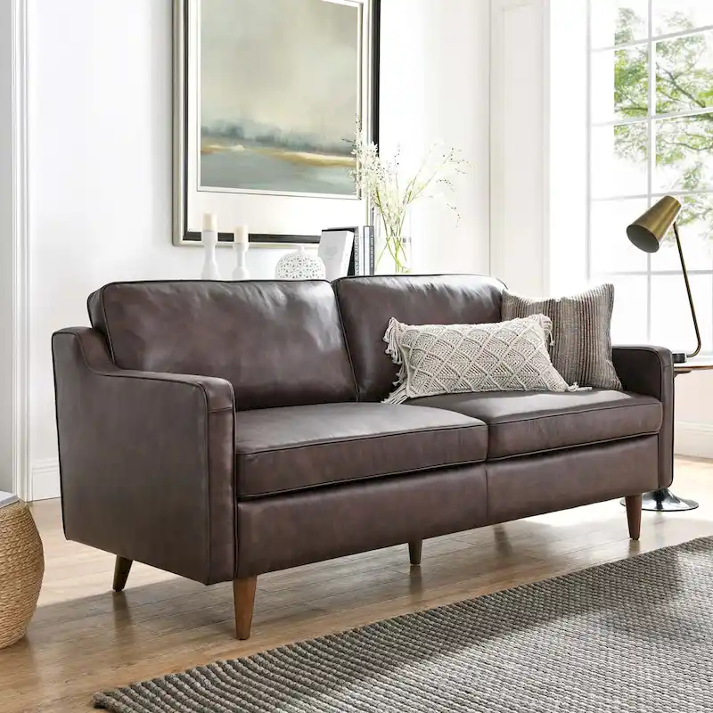Mid-Century Modern Top-Grain Leather Sofa – Rubberwood Frame, Spring Coil Support, Dense Foam